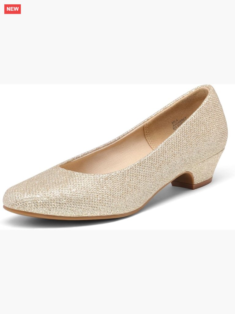 Women's Chunky Heel Pump Shoes With Glitter, Almond Toe, Size 7